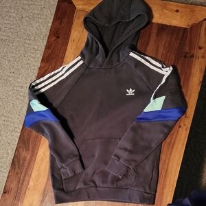 Adidas Men's Black Hoodie with Blue and White Accents